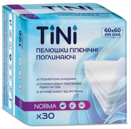 Пелюшки гігієнічні поглинаючі TINI NORMA, розмір: 60 cm (см) х 60 cm (см), 30шт/уп.